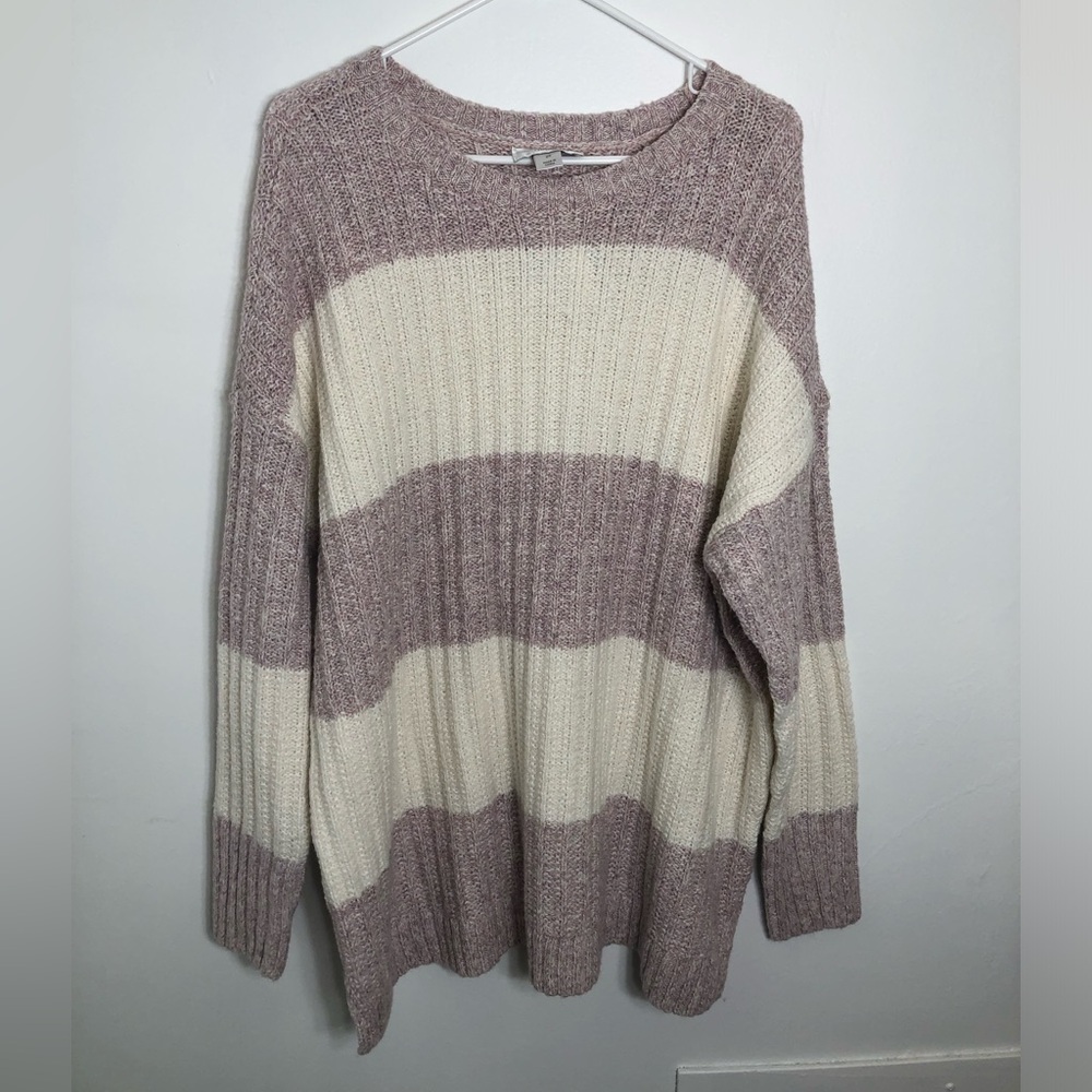 CJ Banks Ribbed Stripe Crewneck Sweater in Cream and Dusty Mauve